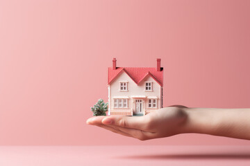 Hand holding house model isolated on pastel background with copy space, house finance and insurance concept