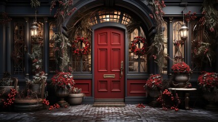 Generative AI, Front door with Christmas decoration, wreath and garland. Red and grey colors