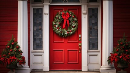 Fototapeta na wymiar Generative AI, Front door with Christmas decoration, wreath and garland. Red and grey colors