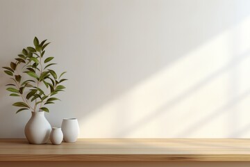 Minimalist living room interior with wooden floor, decor on a large wall. Generative AI