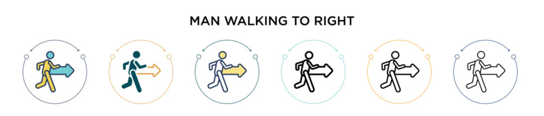 Man walking to right icon in filled, thin line, outline and stroke style. Vector illustration of two colored and black man walking to right vector icons designs can be used for mobile, ui, web