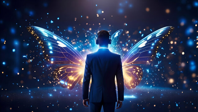 Blue Digital Butterfly effect on the businessman with glowing particles light. Global business economy and digital transformation concept. Generative AI
