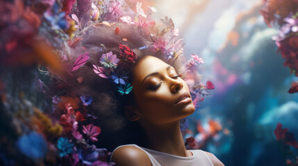 Young woman face with flowers around her, relaxing in the nature, tranquility, mindfulness, nature therapy, mental health, nature’s healing, self-care