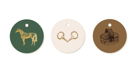 Round tag template design, equestrian shop product, hand drawn horse tack and harness, grooming product, classical vintage style