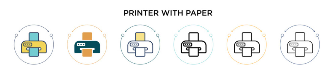 Printer with paper icon in filled, thin line, outline and stroke style. Vector illustration of two colored and black printer with paper vector icons designs can be used for mobile, ui, web