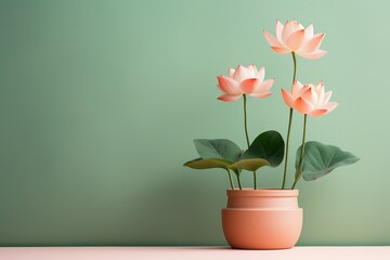 Lotus flowers in a clay pot, minimalism, pastel background, reality, stock photography, high quality with copy space