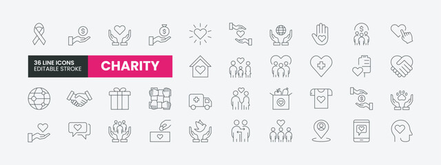 Set of 36 Charity, Donation or Kindness line icons set. Charity outline icons with editable stroke collection. Includes Donation, Charity, Humanitarian, Community, Donation Box, Fundraising and More.