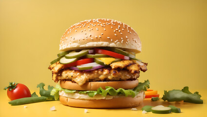Burger with chicken and vegetable burger with chicken on a yellow background, Empty copy space, Generative AI