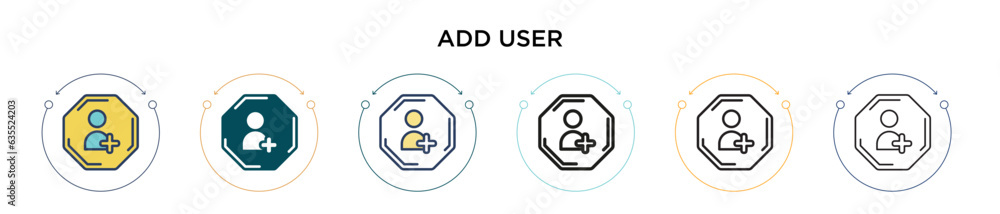 Poster add user icon in filled, thin line, outline and stroke style. vector illustration of two colored and
