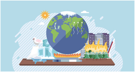 Climate change cycle as a dried or dry cracked land suffering from drought. Industries create pollution and cities that affected by pollution. Metaphor climate change, global warming and water crisis