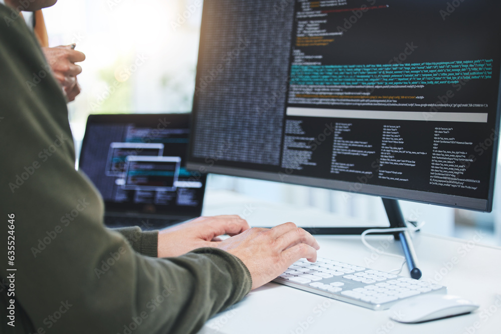 Poster Programming, developer and hands on computer for coding, software script or cyber security in office. Closeup of IT technician person with technology for typing code, future and data analytics