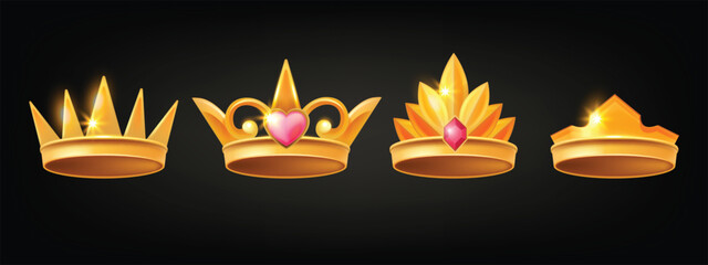 Golden princess crown vector set, game UI queen tiara kit, vintage prince king corona concept, gem. Jewelry treasure diadem medieval royal monarchy symbol winner accessory. Golden crown victory design © Oleksandra