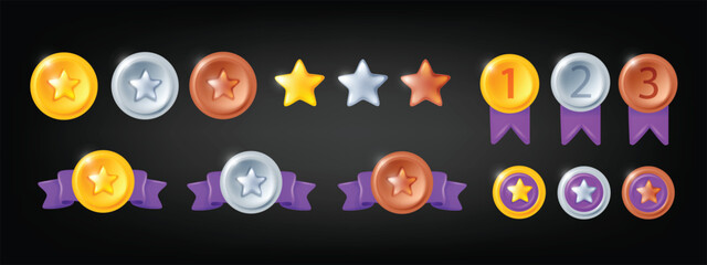 3D medal game set, vector level up UI golden silver bronze badge kit RPG app winner award ribbon. Rating victory certificate trophy elements, metal ranking reward clipart. Medal game sport achievement