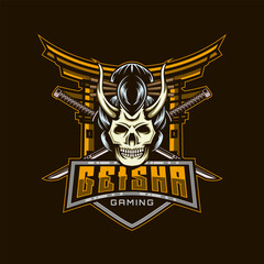 Geisha Skull Logo. Geisha Skull with Cross Katana Mascot E-Sport Design Vector Illustration Template