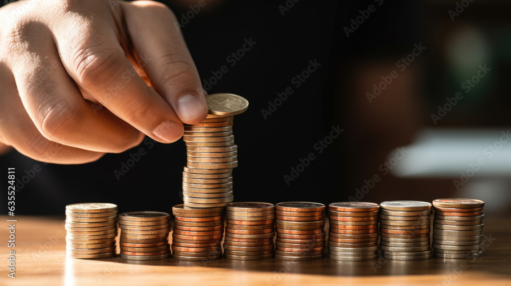 Poster mhand put coins to stack of coins on dark background. created with generative ai technology.