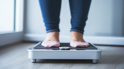 Cropped image of woman feet standing on weigh scales.