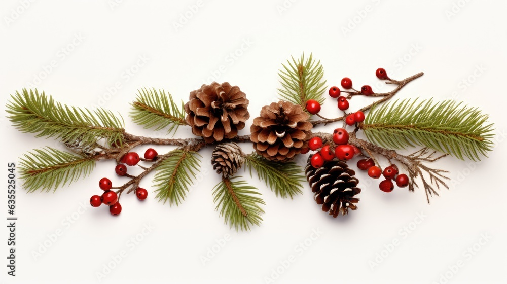 Poster fir branch with cones and berries created with generative ai technology