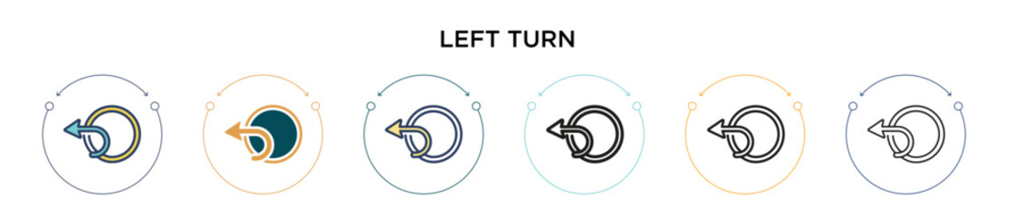 Left turn icon in filled, thin line, outline and stroke style. Vector illustration of two colored and black left turn vector icons designs can be used for mobile, ui, web