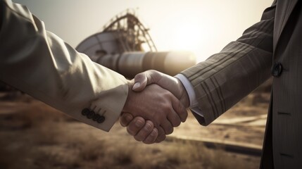 handshake between male in business suits against the background of the industrial factory