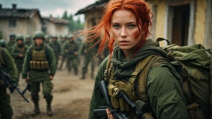 A woman with red hair in a military uniform - obrazy, fototapety, plakaty
