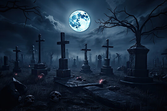 A chilling and eerie moonlit graveyard. Generative AI