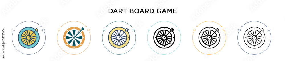 Poster dart board game icon in filled, thin line, outline and stroke style. vector illustration of two colo