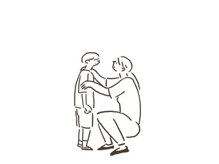 しゃがんで子供の顔をみるお母さん（女性）線画