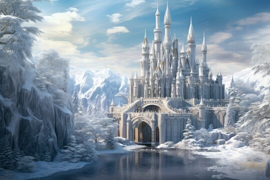 The magnificent palace is covered by the winter snow. Magic ice castle with snow. Winter background