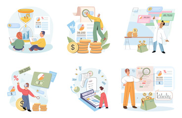People analyzing personal or corporate budget. Funding and financing. Presentation, website. Financial planning. Company budget planning. Accountant managing budget and making savings illustration