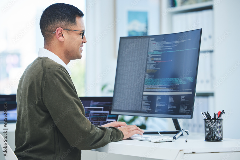 Leinwandbilder Developer, programming and a man at computer for coding, software script or cyber security in office. Happy IT technician person or programmer with technology for code, future and data analytics