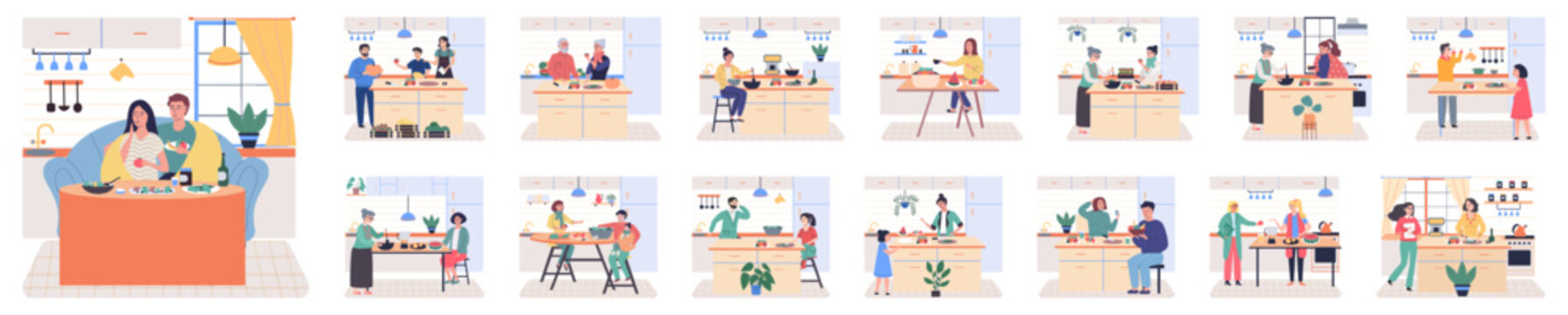 People cooking vegetarian food. Vector illustration. People cooking at home, happy couple at kitchen. Home cooking room with wooden dining table. Home kitchen cooking, man and woman together