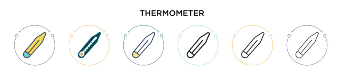 Thermometer icon in filled, thin line, outline and stroke style. Vector illustration of two colored and black thermometer vector icons designs can be used for mobile, ui, web