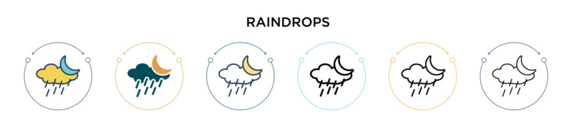 Obraz premium Raindrops icon in filled, thin line, outline and stroke style. Vector illustration of two colored and black raindrops vector icons designs can be used for mobile, ui, web