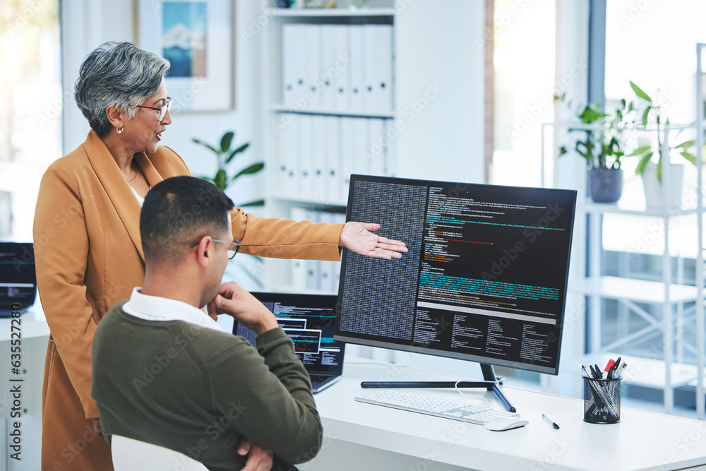 Fototapete Help, manager and employee with computer screen, programming and code with trading, coaching and mentor. Advice, supervisor and worker with pc, coding and cyber security with programmer and training