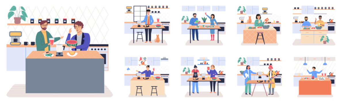 People cooking vegetarian food. Vector illustration. Set of characters cooking meal home. Woman preparing food for dinner. People cooking. Wife preparing healthy alternative from vegetarian nutrition