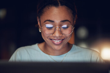 Night, laptop and face of happy woman review journalist story, social media blog and research...