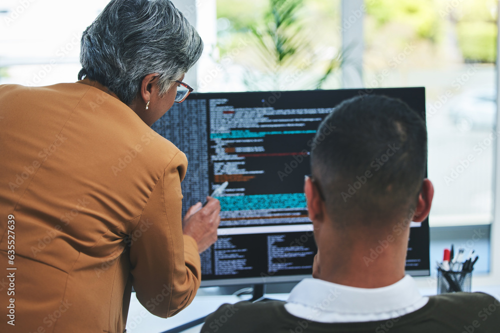 Fototapete Advice, manager and employee with computer screen, programmer and code with trading, coaching and database. Mentor, help and man with pc, coding and with programming, fintech and training a worker