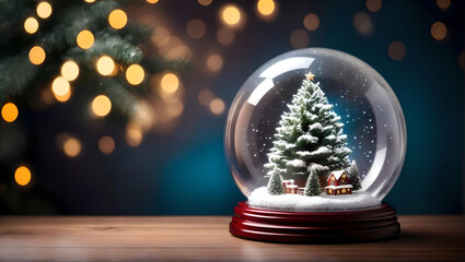 Fototapeta na wymiar Christmas tree in a snow globe. Empty Copy space, Generative AI