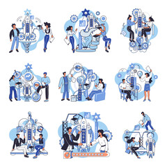 Team solving problems. Problems research and discover new idea, creativity to answer questions Collaboration work together to solve problem, teamwork unite together to achieve success Gears and