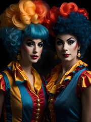 Circus performers women clowns in wigs and costumes on black background, Generative AI