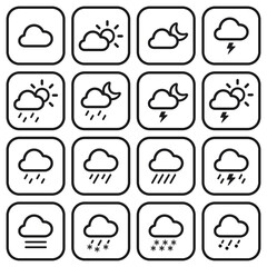 set of cartoon clouds with outline design for weather indicator, web and mobile applications. cloud icons vector. cloud logos in thin line design isolated on white background. 