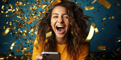 Winner Woman Showered with Gold Confetti in Studio: A winner woman is showered with gold confetti in a studio, celebrating her victory.