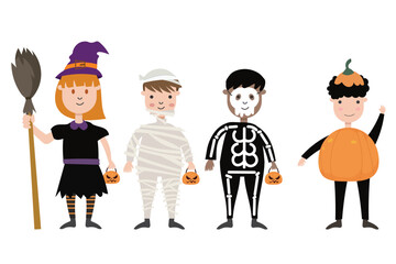 Set of children characters for Halloween. Costumes  witches,  monster, mummy, skeleton, pumpkin. Vector illustration