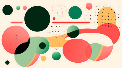 An abstract illustration of colorful circles. Bold use of line, bauhaus, magenta and green, bold strokes - rounded shapes, overlapping shapes