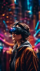Obraz premium A woman using virtual reality glasses