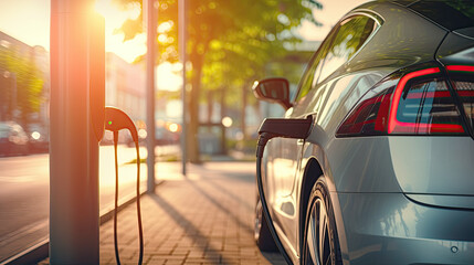 Electric car plugged at an electric vehicle charging station. Sustainable Mobility. Reduction of CO2 emissions