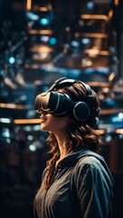 A woman immersed in virtual reality using a headset