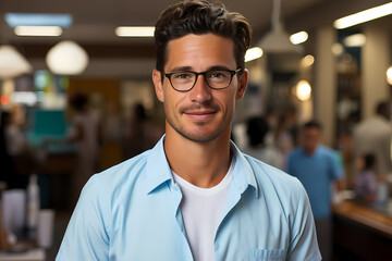 Fototapeta premium Portrait of a Confident and Smart Man with a Blurry Office/Clinic Background