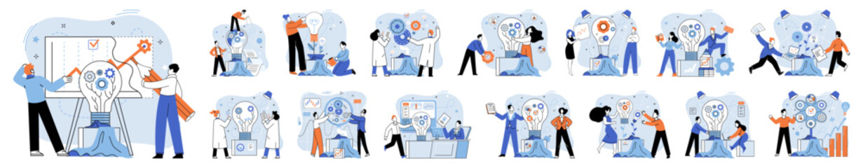 Team solving problems. Data scientists, software engineer, statistician, programmers, visualizer and analyst working on a project Problem solving skills abstract concept People communication in search