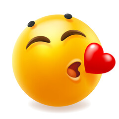 Fototapeta premium 3d vector style design of funny love kiss emoji for social media. Vector romantic illustration of happy fun yellow color emoticon with lips kiss in shape of red heart